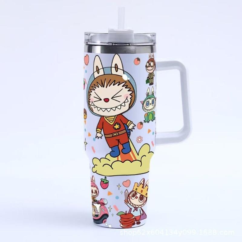 Cartoon pattern Labubu 40oz car cup 304 stainless steel thermos cup Labubu car straw Bingba cup