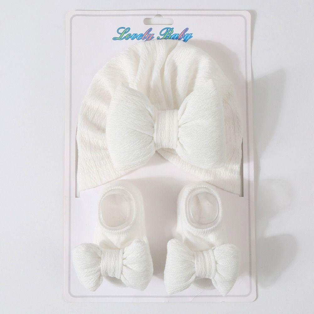3Pcs/Set Bow Baby Fetal Cap 0-12 Months Newborn Turban Hat Indian Cap Baby Hat Socks Set Autumn
