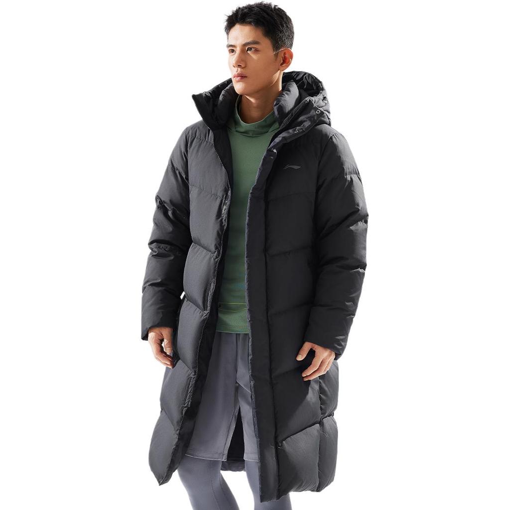 Li Ning Sports Lifestyle Series Brand Logo Comfortable Casual Loose Cold Resistant Warm Outdoor Long Down Jacket Men Outerwear Black AYMU095-1