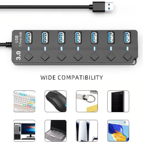 USB 3.0 Hub, PANPEO 7-Port USB Data Hub Splitter with 3ft Long Cable USB Extension for Laptop,PC Computer,Surface Pro, PS4/5, Flash Drive, Mobile HDD