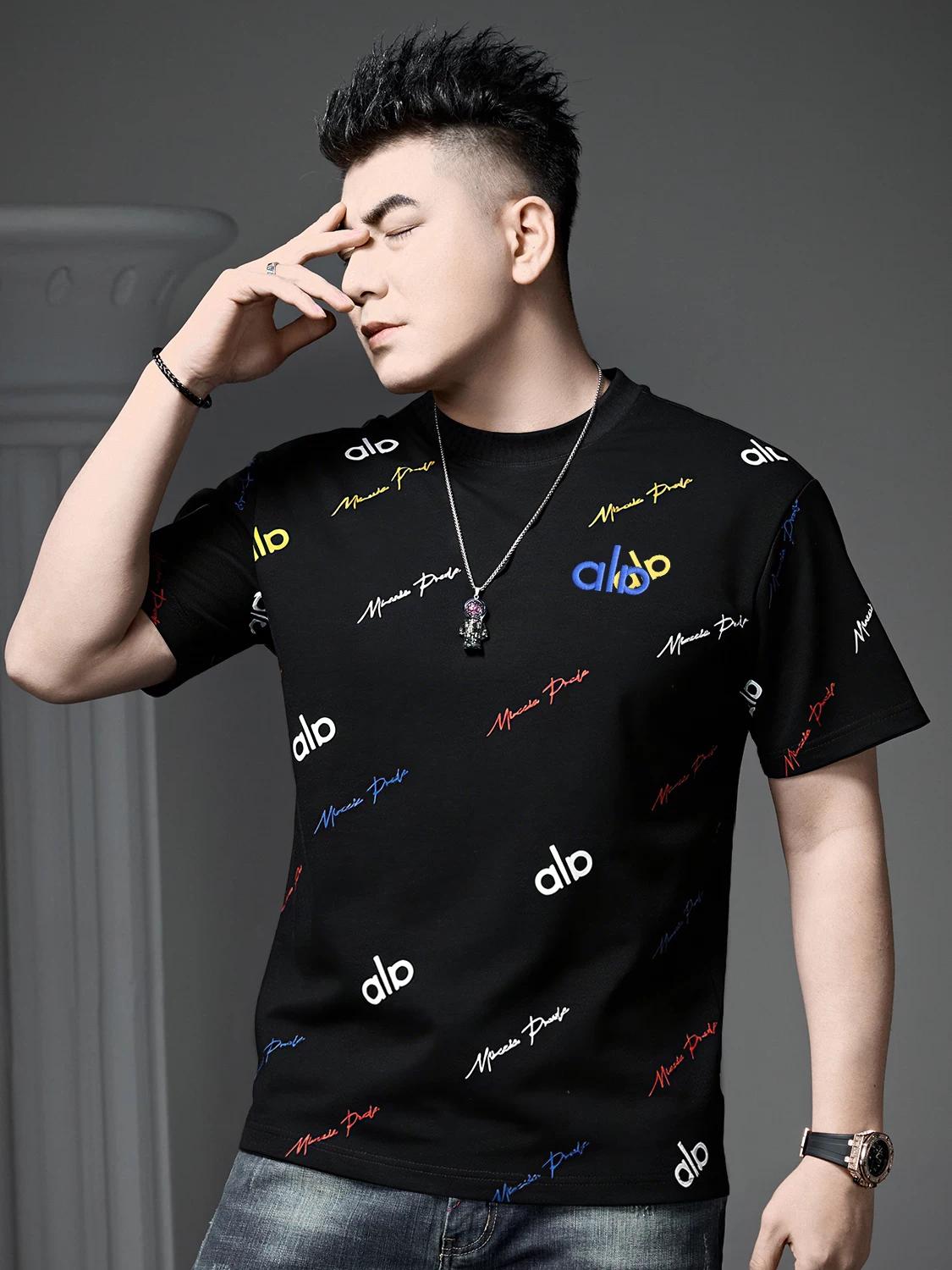 

European Style Round Neck Short-Sleeve T-Shirt for Men, 2026 New Summer Trendy Embroidered Print Top, Half-Sleeve Base Shirt XL чёрный