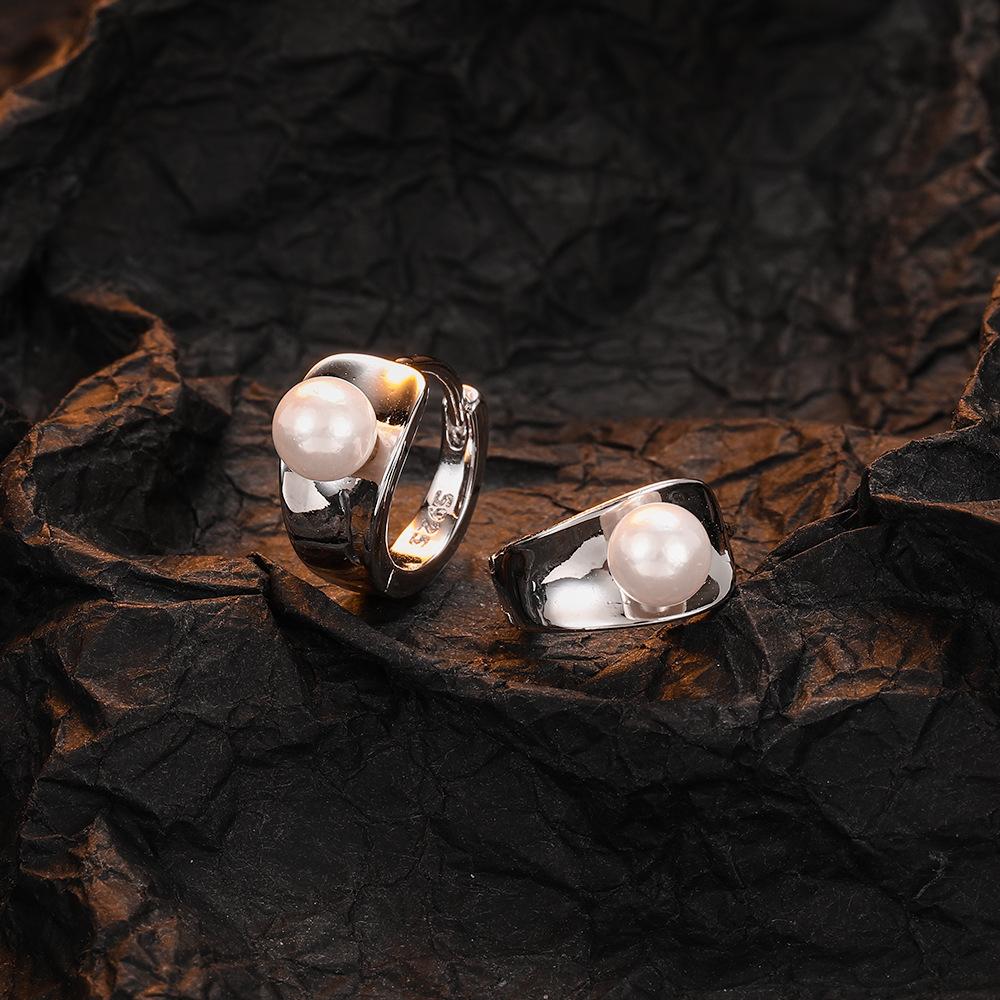 Simple Female Earrings  Sterling SIlver Pearl Ear Buckle Smooth Small Earrings for Women  Silver Needle Ear  Gift