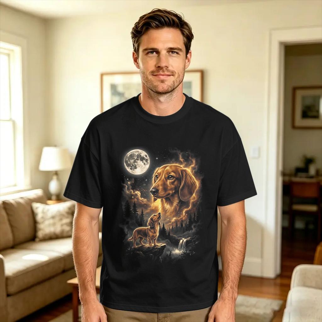 Vintage Dachshund Howling To The Moon 90s Retro Animals T Shirt Summer 100 Cotton T Shirts For Unisex Design Tshirt Short Sleeve