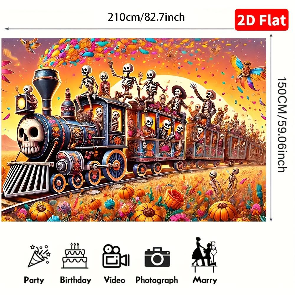 1 piece of 2D plane, Halloween - Skeleton Train, multi-functional decorative banner, indoor/outdoor decoration, room