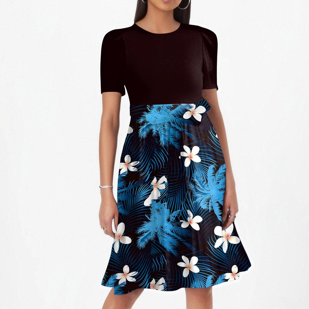 Women Casual Waist Tie Dress Short Sleeve Round Neck Floral Print Patchwork A-Line Summer Dress