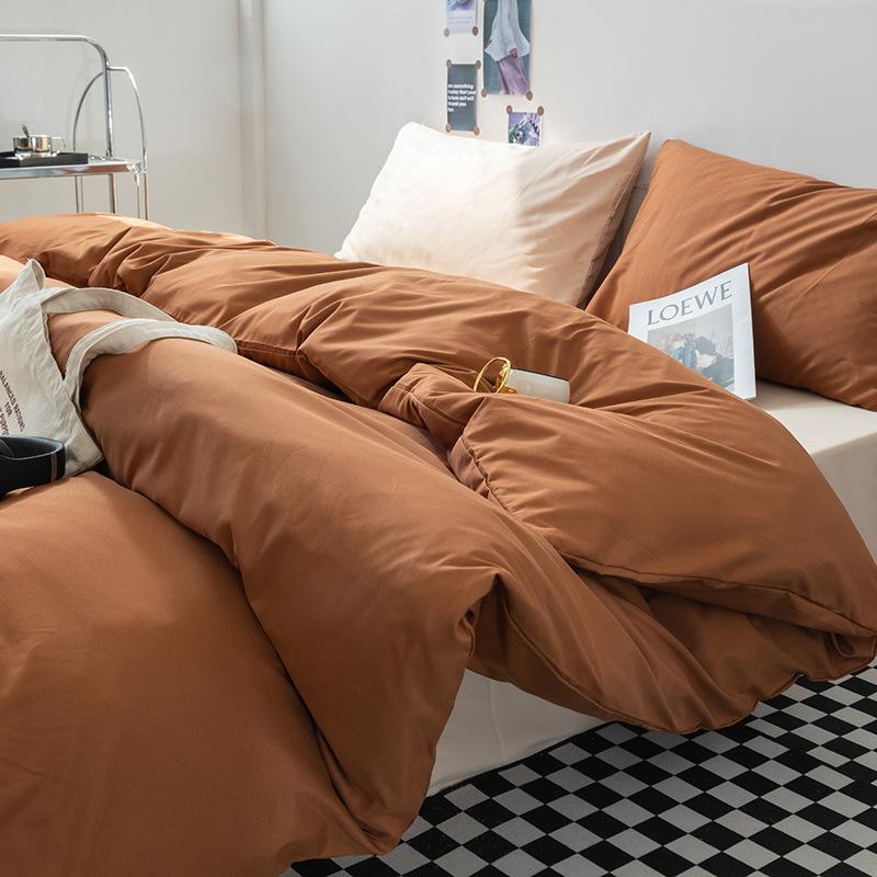 Solid-color Japanese Pure Cotton Four-piece Bed Cover Set with Double-sided Washed Cotton Bed Sheets and Quilt Cover