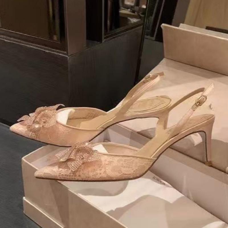 

Модная Вечеринка Туфли на Высоком Каблуке Лето Новые Остроносые Мелкий Вырез Блестящие Цветы Кружевная Ткань Мягкая Подошва Противоскользящие Износостойкие Сандалии 39