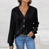 Women's Fashion Long-Sleeved Drawstring Button-Up V-Neck Casual Solid-Colour Sweatshirt Top