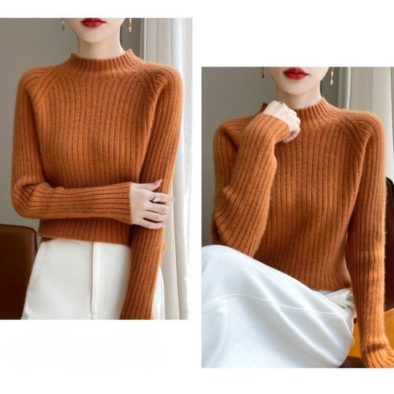 Autumn Winter Women Knitwear Slim Fit Semi High Neck Pure Color Loose Short Knitted Sweater Base Layer