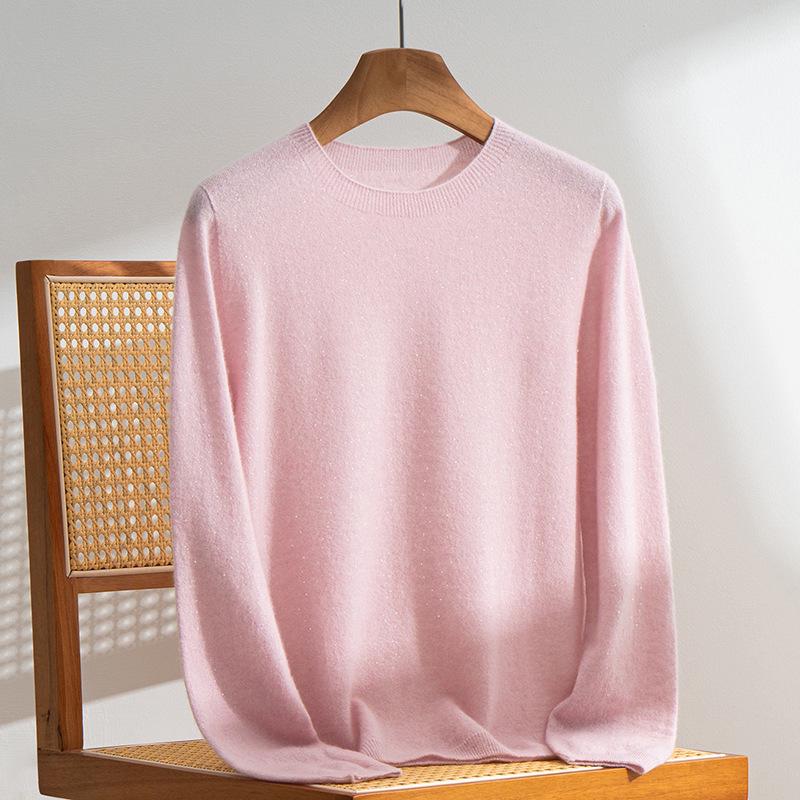 Women's 100% Cashmere Round Neck Loose Pullover Sweater, Long Sleeve, Solid Color Knitwear for Autumn/Winter
