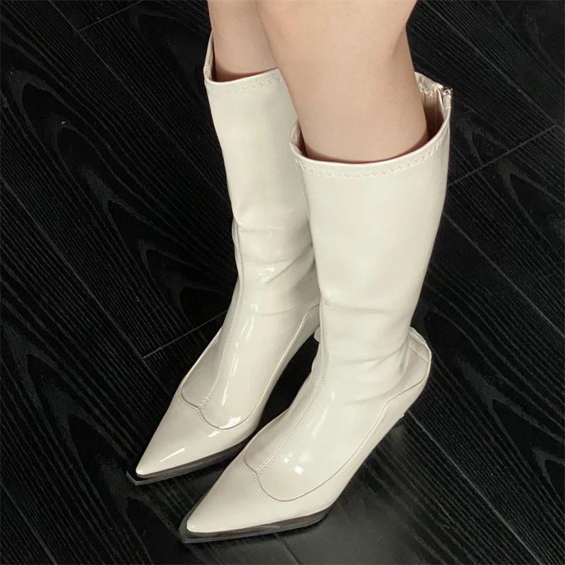Fashion Eilyken Fashion Patent Leather Knee-High Women Boots Pointed Toe Heels Stripper Thin High Shoes Sexy Long Ladies Booties