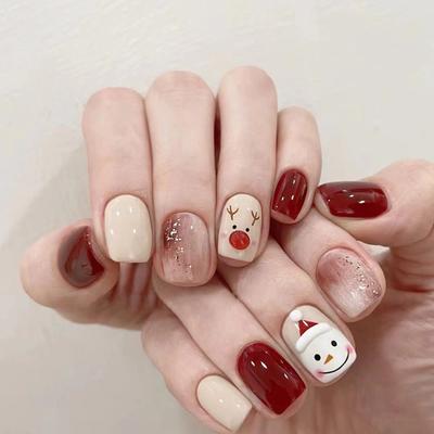 24 Pieces New Square Christmas Cute Smiley Face Snowman Elk Glitter Smudges 24 Wearable Nails