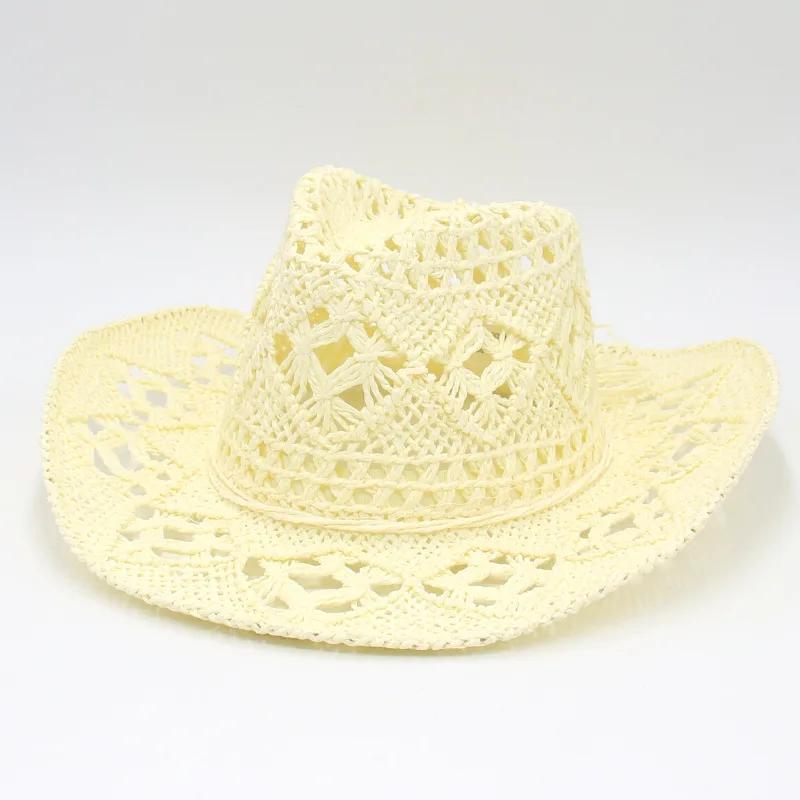 New Summer Cowboy Hat Handwoven Straw Western Vintage Breathable Lace Hollow Design Lightweight Outdoor Jazz Hat for Women Men