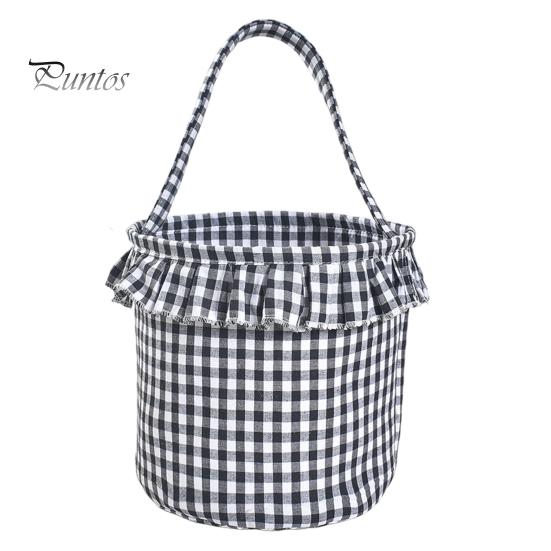 Easter Egg Hunt Carriers Halloween Basket, Plaid Ruffle Trick or Treat Candy Bucket with Handle Celebration Accessories for Kids, Reusable Gingham