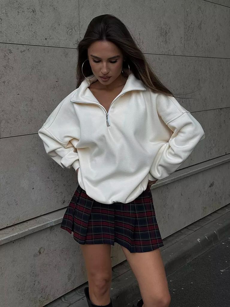 Solid Color Outer Wear Half Zipper Stand Collar Fashionable Trend Lapel Sweatshirt Loose Top