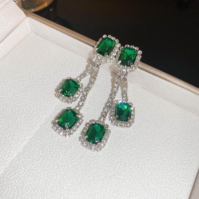 Emerald diamond leaf fringed earrings light luxury stud earrings women's European and American earrings
