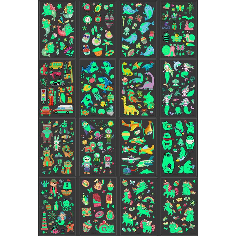 310 шт. Светящиеся временные татуировки для детей, Смешанный стиль, Светящиеся в темноте татуировки, Поддельные татуировки, Наклейки-украшения для тела и лица, Единорог, Русалка, Акула