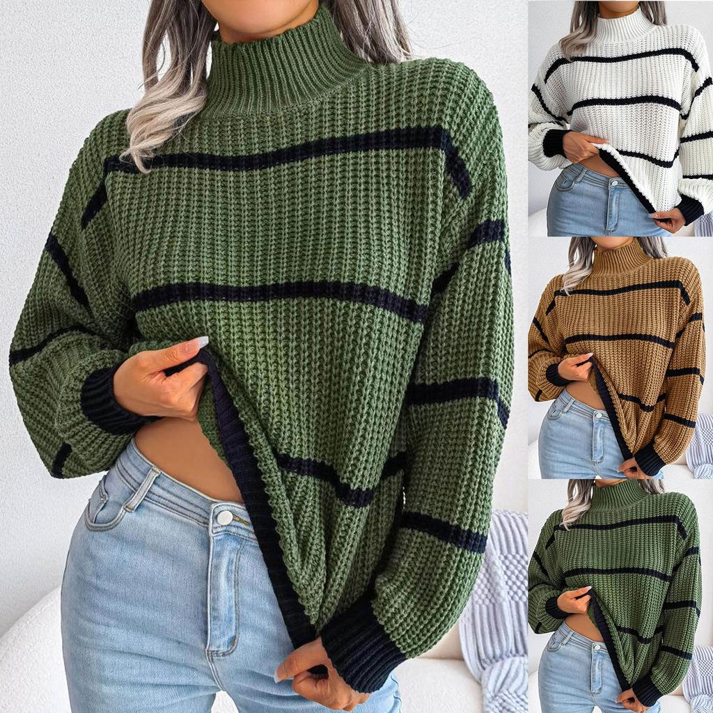 Women's Casual Striped Long Sleeved Half Turtleneck Sweater