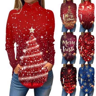 Damen Modisches Lässiges Rollkragen Weihnachts-Print Langarm T-Shirt Pullover Top