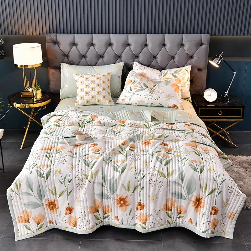 Summer Washed Cotton Quilt Air-Conditioning Comforter Soft Breathable Blanket Thin Leaf Print Bedspread Bed Cover Home Textiles