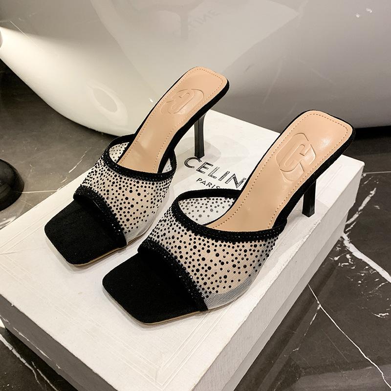 Large size high-heeled sandals, thin heels, pointed crystal drills are not tired, open-toed fish mouth is breathable, simple sandals