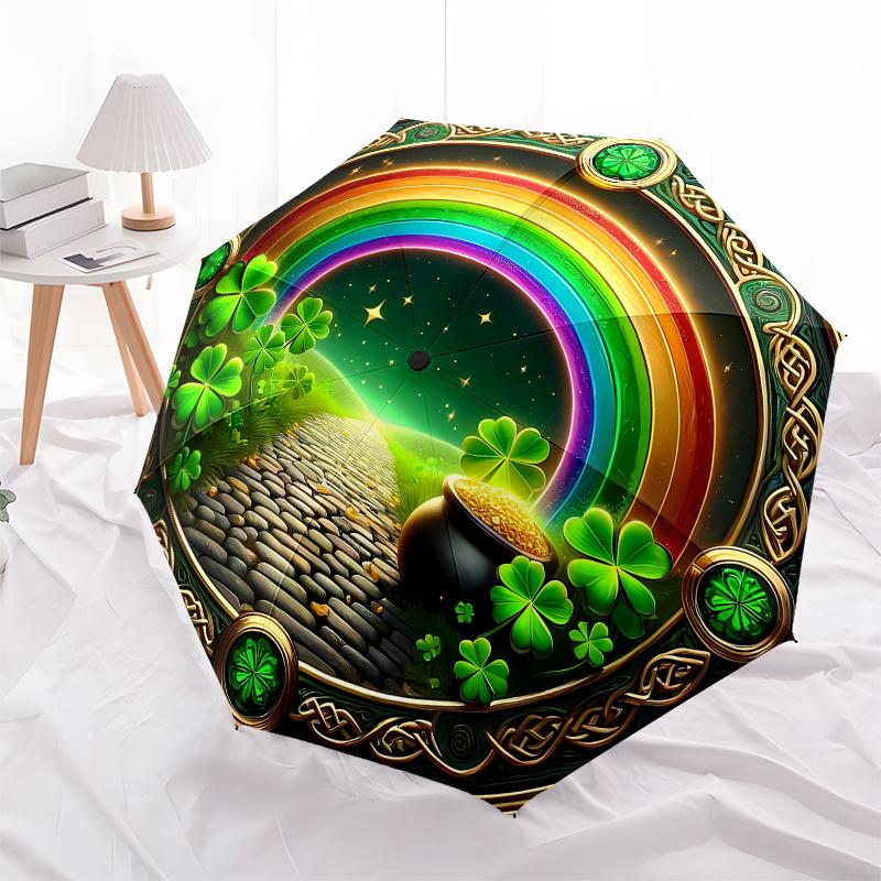 Irish Luck Pot of Gold St. Patrick's Day Decorations Rainbow Clover Wall Art Umbrella, Cute Umbrella with Cute Design, Portable 3-Fold Compact Umbrell