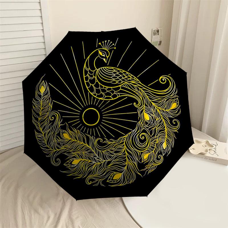 1pc Peacock Feather Automatic Folding Umbrella 8 Rib Iron Frame,  Suitable for Travel, Daily Use, Birthday, Women & Men Gift C1231048