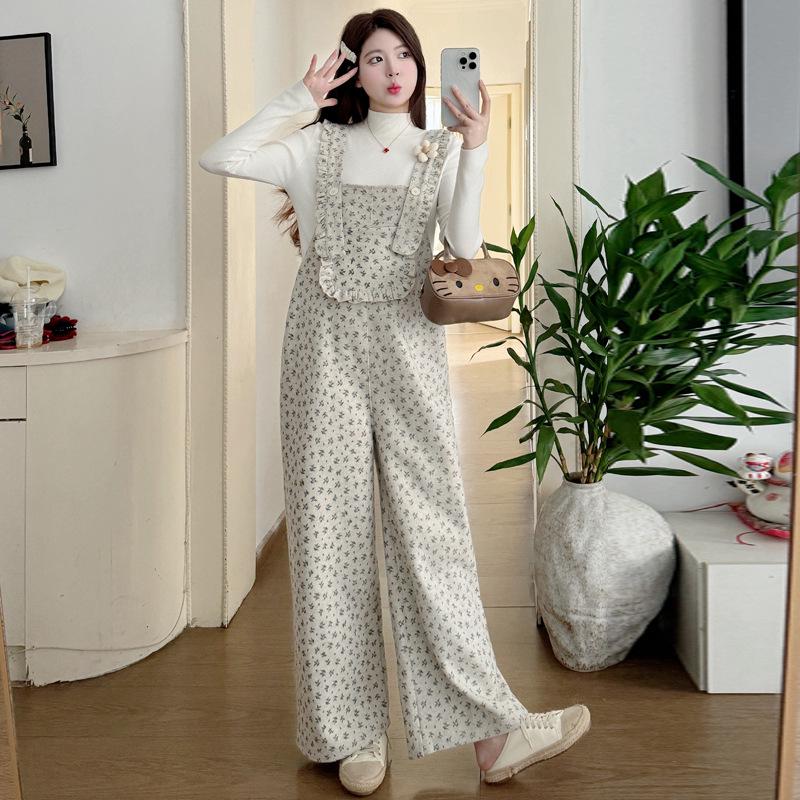 Korean Style Floral Wide-Leg Maternity Overalls Set M