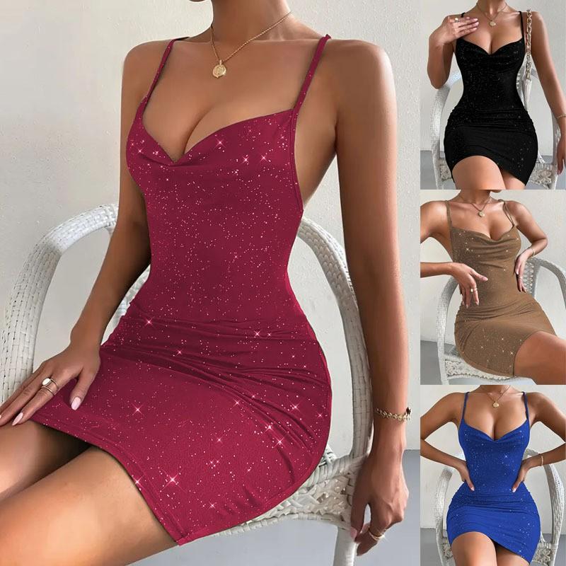 New solid color V-neck bronzing sexy temperament slim cross shoulder strap dress women