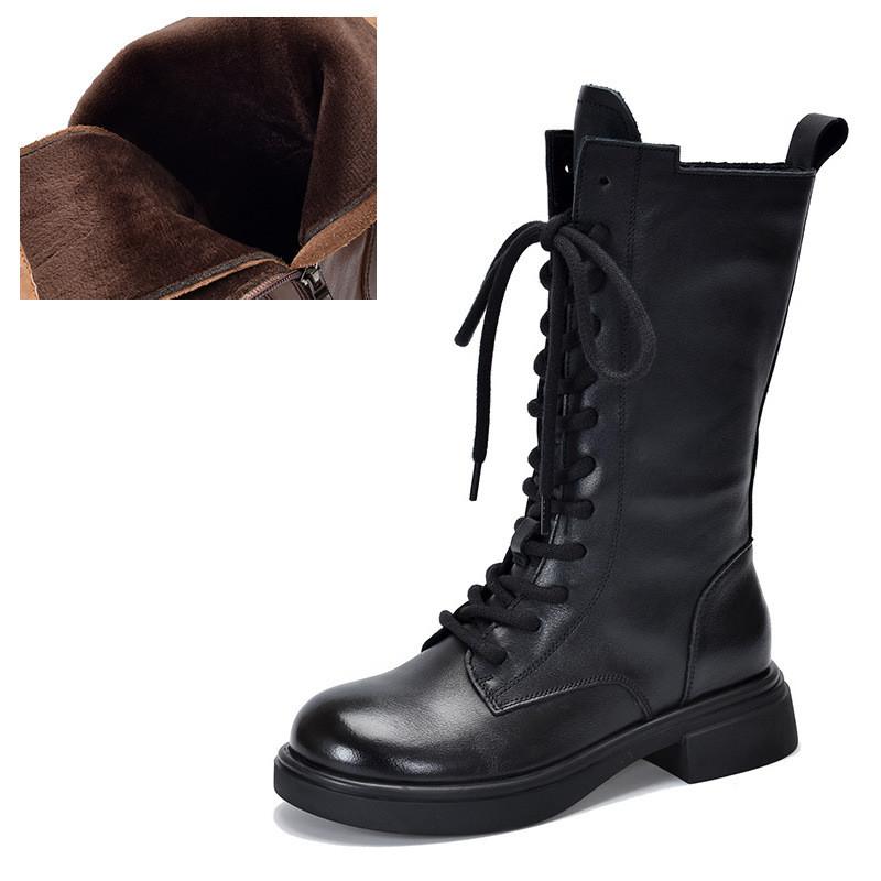 

Johnature Сапоги до середины икры из натуральной кожи, Сапоги из плюшевого хлопка, Сапоги в британском стиле на шнуровке, Женские сапоги 38-Plush чёрный