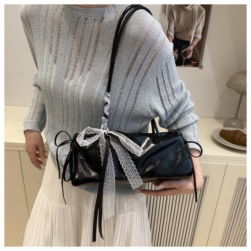 2026 Bow Lace Shoulder Bag Solid Color Casual Lady Handbag Small Square Bag PU Leather Women Armpit Bag
