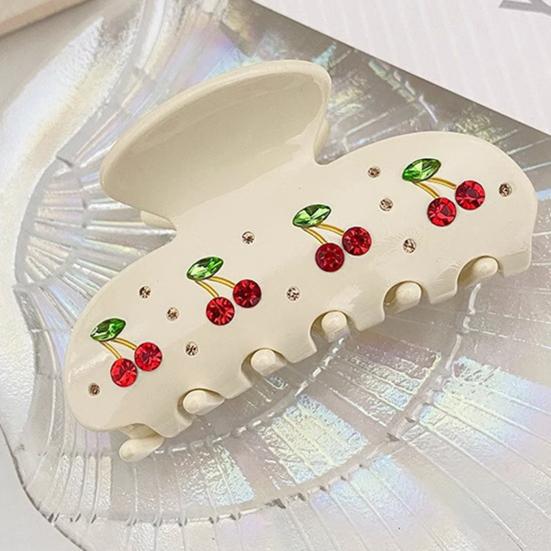 Hair Clip Sparkling Rhinestones Inlaid Cherry Decorative Pattern Back Head Hair Claw Large Wide Tooth Design Smooth Large Shark Clip