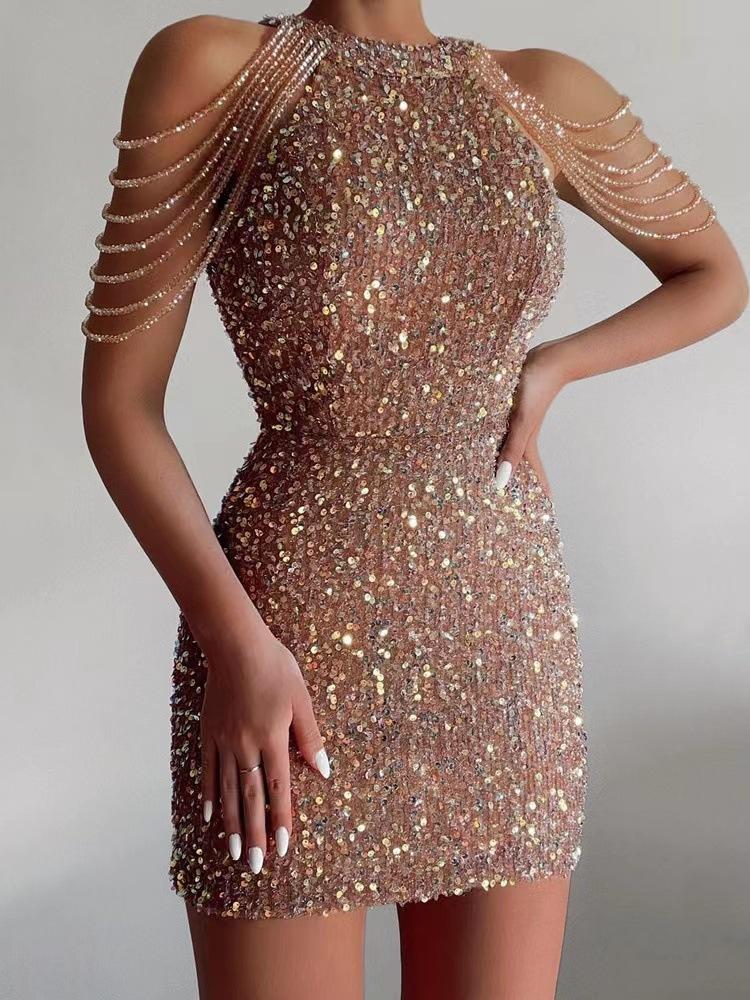 Spring and summer new products fashionable neck sexy crystal fringed hip sequins European and American dresses mid-waist evening dresses