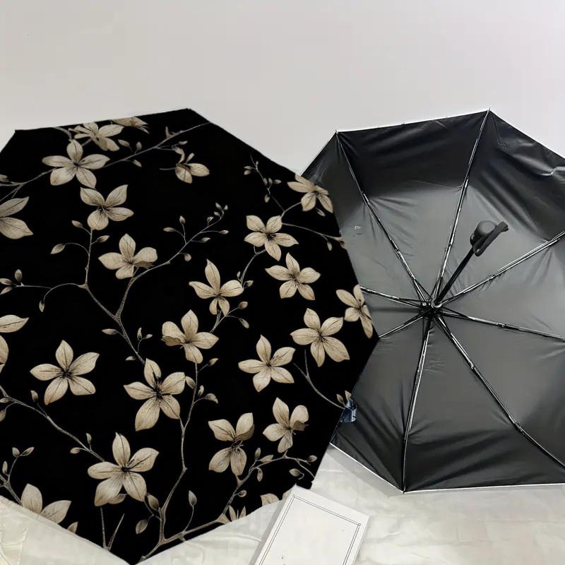 1pc Floral Pattern Black Automatic Folding Umbrella, Heavy Duty 8 Rib Iron Frame,  Suitable for Travel, Daily Use, Birthday, Decor Gift m0104080