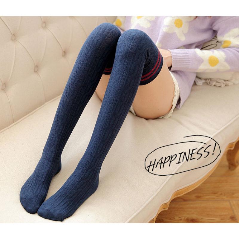Women's College Style Over-the-Knee Cable Knit Socks with Stripes