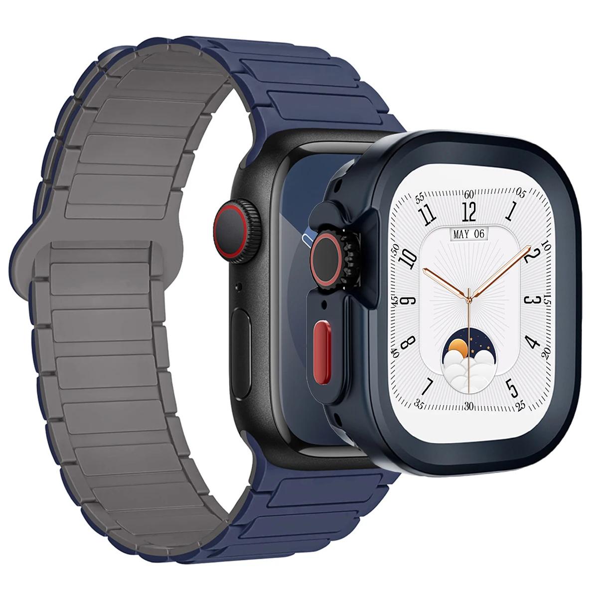 

Ремешок+Чехол для Apple Watch Ultra 2 49 42 45 44 S10 46мм Магнитный силиконовый ремешок+чехол для IWatch Series 9 8 7 6 5 4 42мм 40 41мм Series10 46mm