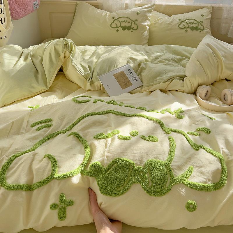 Håndkle Brodert Laken Dynetrekk Seng 4 stk Sett Vasket Bomull Student Tredelt Sett Sengetøy