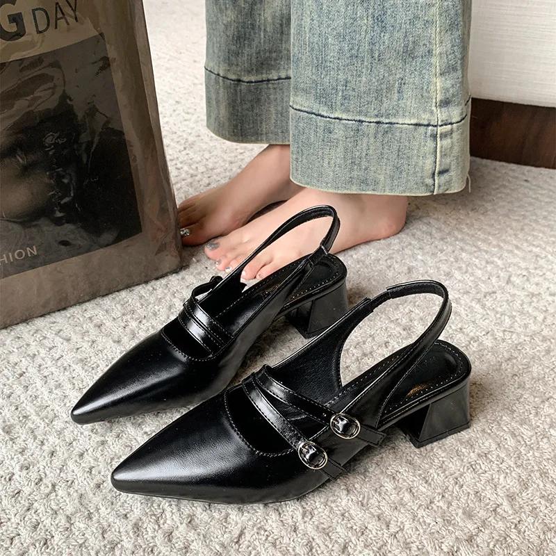 Comfort Shoes for Women Buckle Luxury Sandals Block Heels 2025 Summer Suit Female Beige Med Retro Fashion Chunky Girls