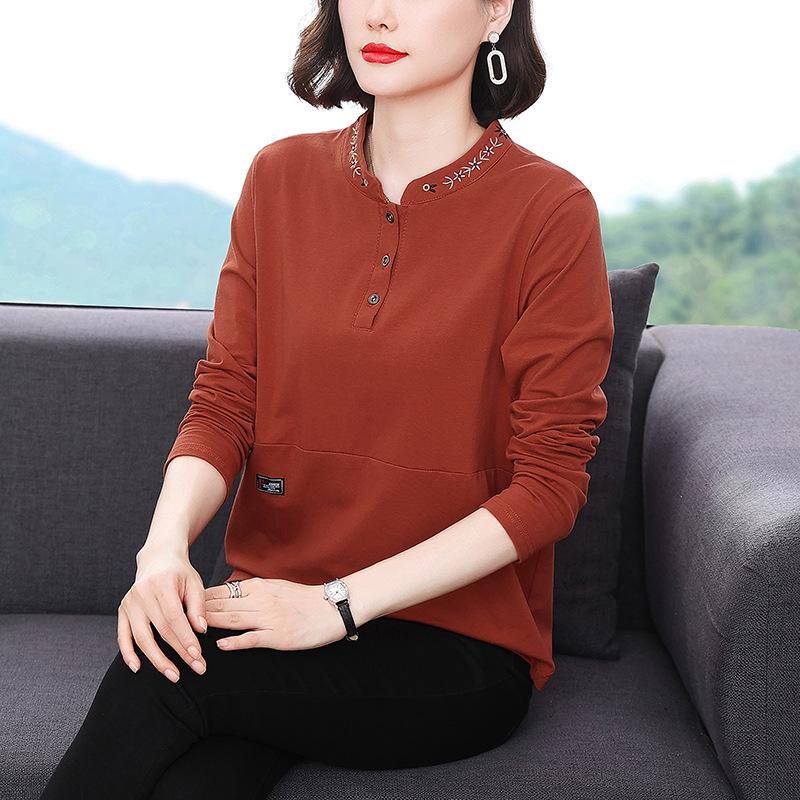 Embroidered Round Neck Loose-Fit Pullover Blouse for Autumn/Winter