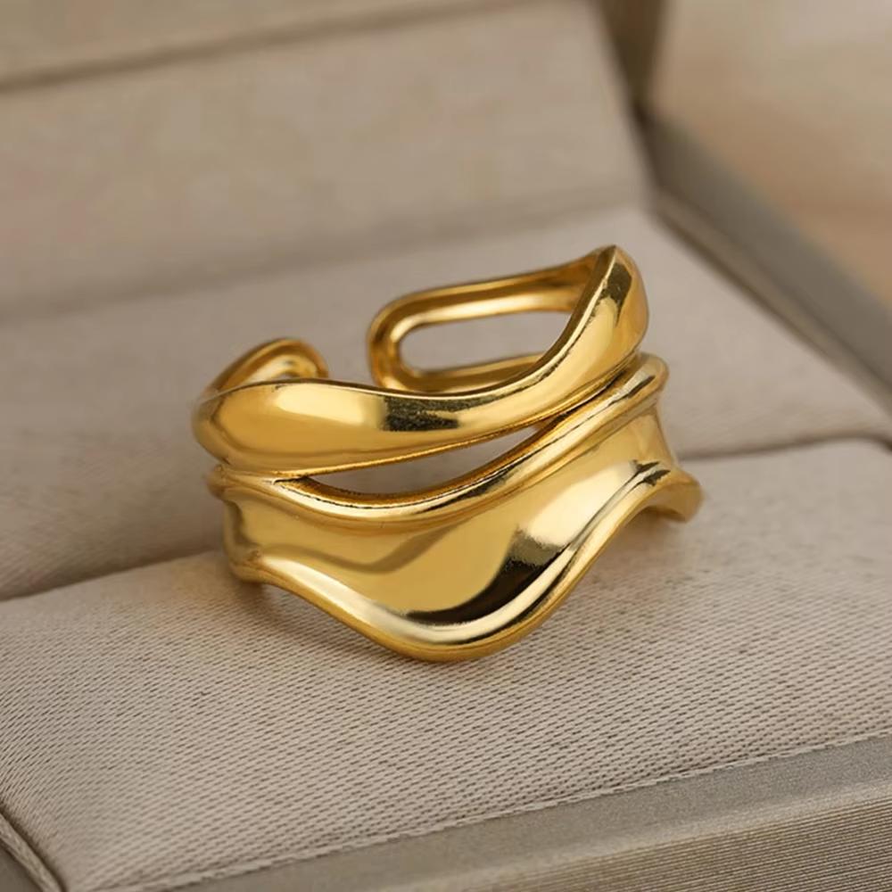 Stainless Steel Multi-Layer Hollow Ring For Women Men Gold Color Broad Surface Finger Jewelry Anillos Couple Wedding Flower Gift
