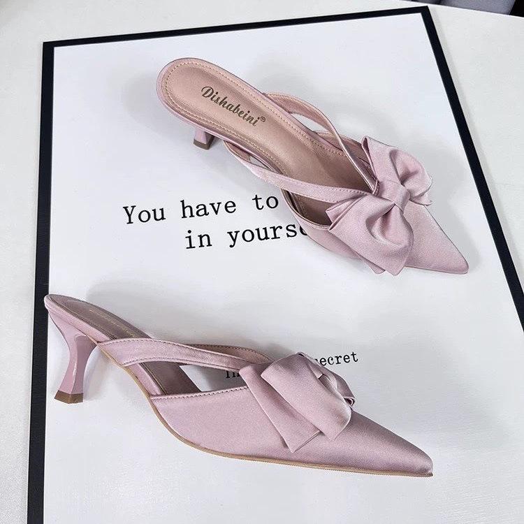 Bow Bag Head Half Slippers Women's 2025 Summer New Satin-faced Stiletto Slippers Pointed Stiletto Empty Slippers