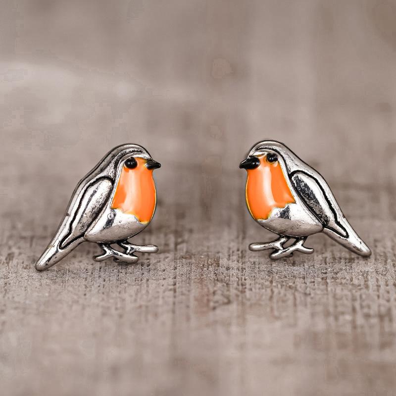 European and American Fashion Animal Earrings, Cute Bird Orange Painted Oil Chest Feather Earrings, Personalized Creative Stud Earrings for Women