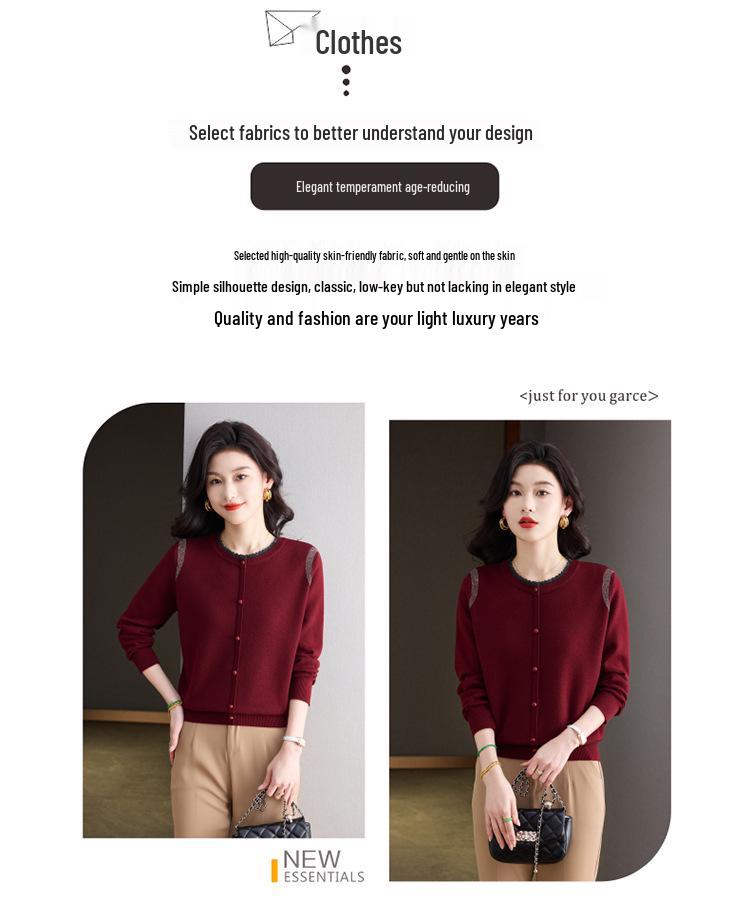 2025 Red Knitwear Round Neck Sweater for Middle-aged Women - Stylish Spring & Autumn Fashion