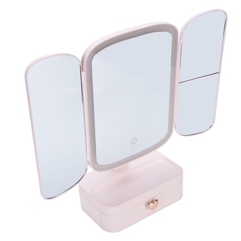 Desktop Lighted Makeup Mirror with Organizer 3 Color Temperature Dimming USB Rechargeable LED Light 