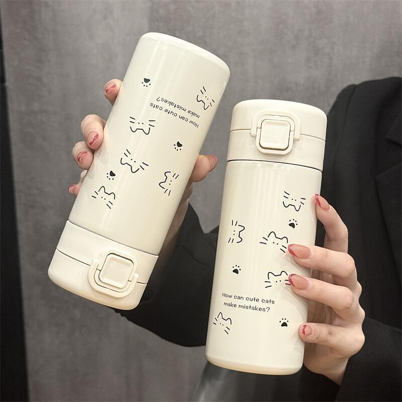 Simple Cute Cat Thermos Water Bottle with Straw Portable Stainless Steel Thermal Cup For Girl Kids Students Leak-proof Drinkware