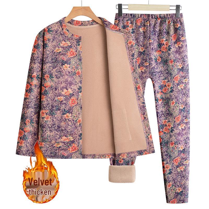 Fleece-Lined Warm Underwear Set for Middle-Aged and Elderly Women - Autumn/Winter Style