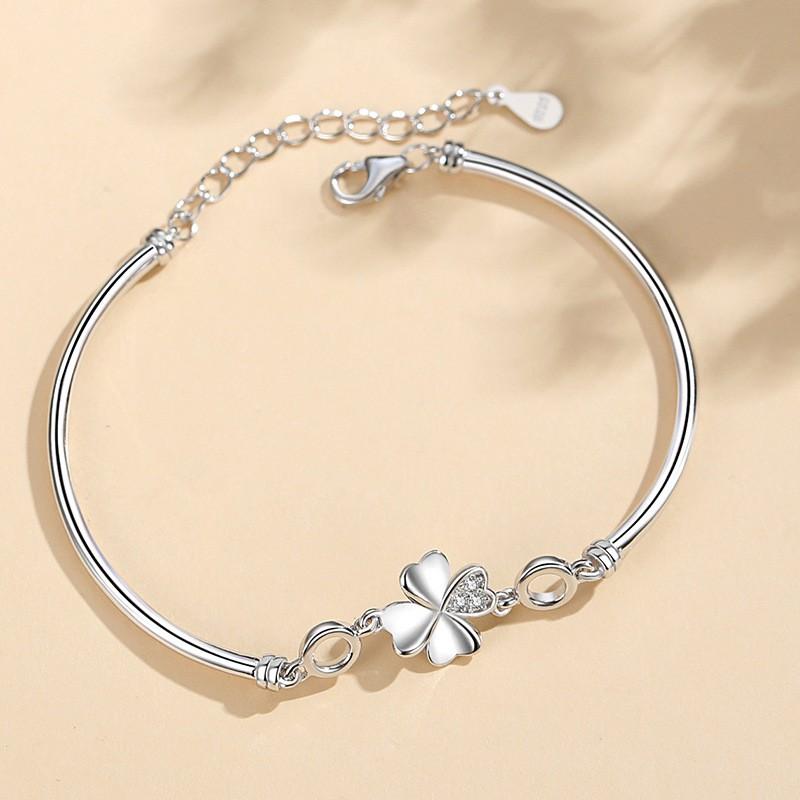 Elegant Rhinestone Clover Jewelry Set Women Sterling Bracelet Necklace Earring Gift