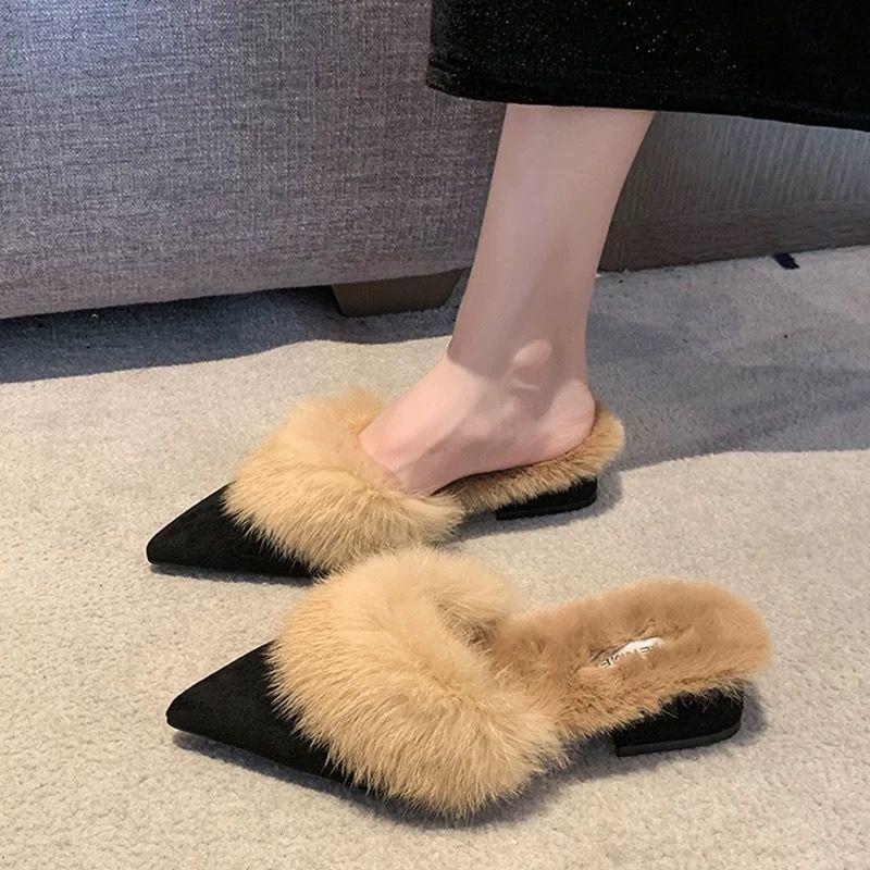 Daily cotton slippers one pedal pointed sweet Japanese season fluffy soft bottom bag head half slippers