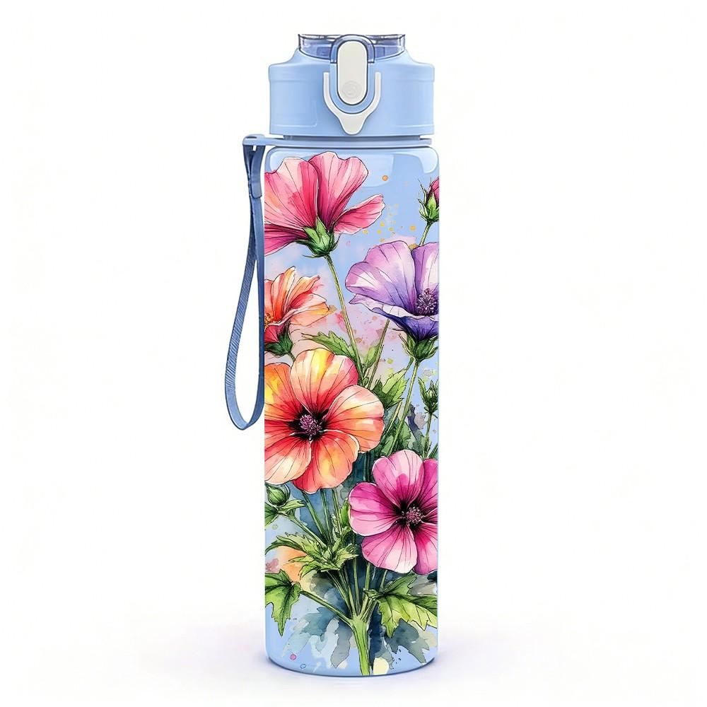 1PC Pink Red Daisy Mixed Flower Print 750ml Color Plastic Sports Water Bottle Leakproof Flip Straw Lid Suitable for Sports Office Home Use