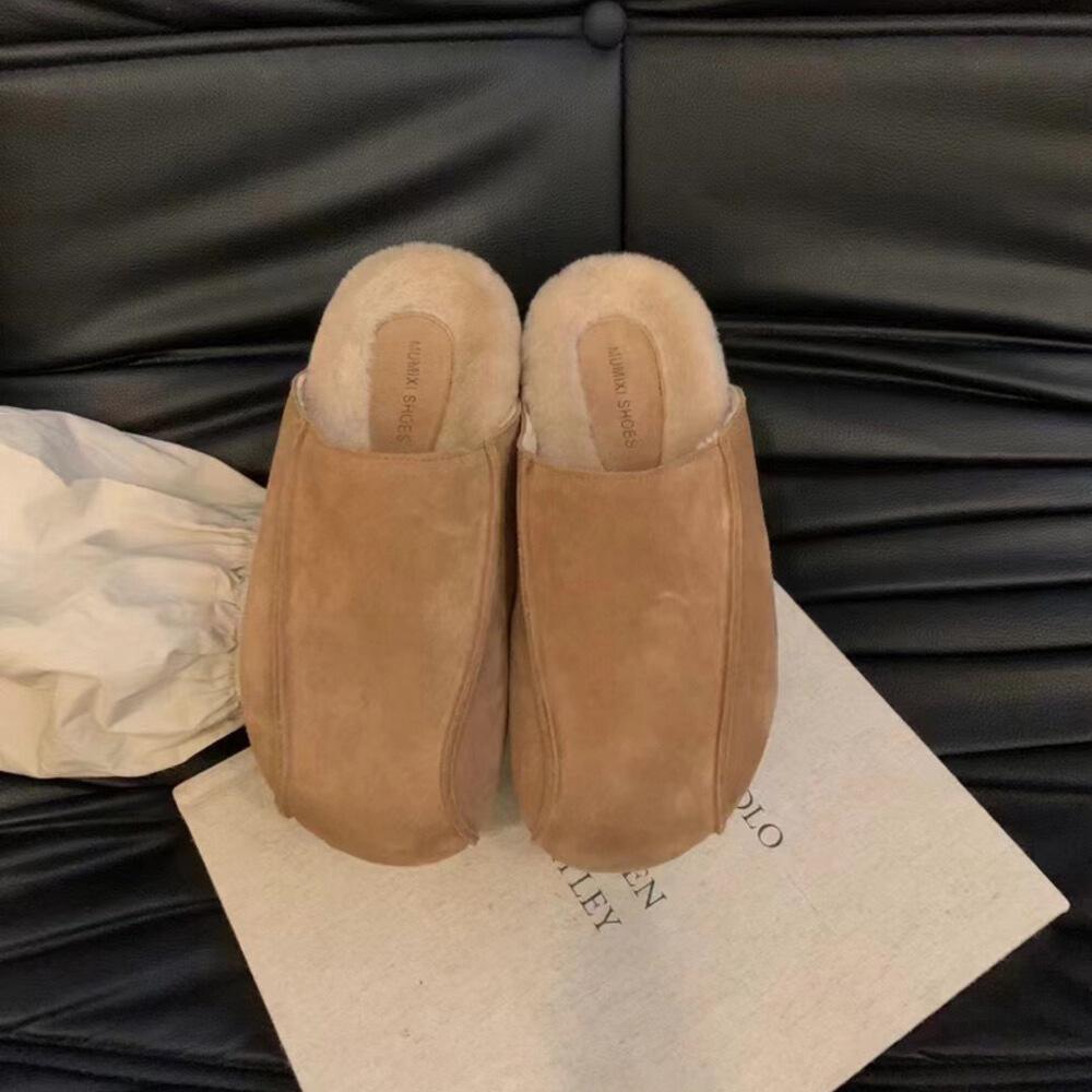 Leather Boken shoes for women's 2025 new autumn and winter velvet thick soles, one pedal, lazy bag head and half drag, wearing retro women